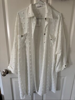 Vici White Sheer Swiss Dot Button-Front Swim Coverup